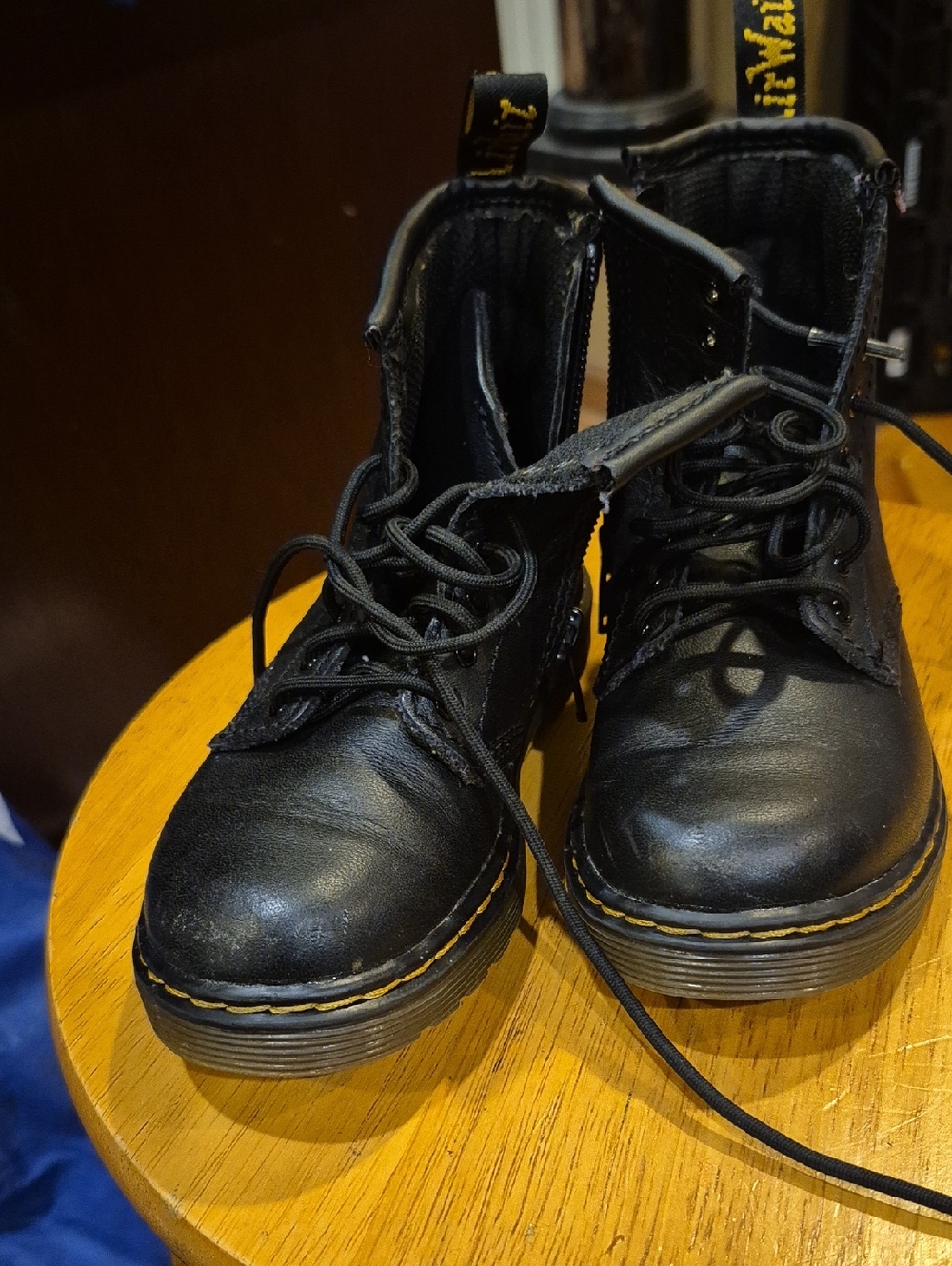 Dr. Martens Black Leather Lace-Up Combat Boots with Yellow Stitching